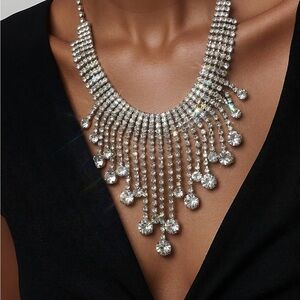 Crystal  Statement Necklace Rhinestone Fringe Bib Chandelier 9” Collar Glam